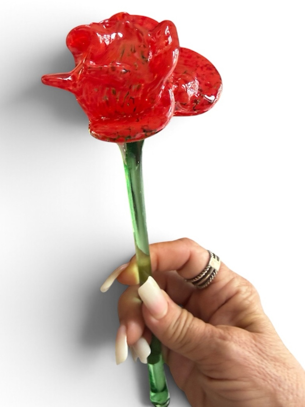 Handblown Glass Red Rose Sculpture with Green Stem